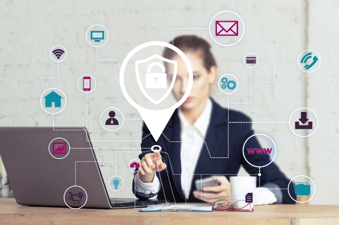 Business button locked shield virus security network icon